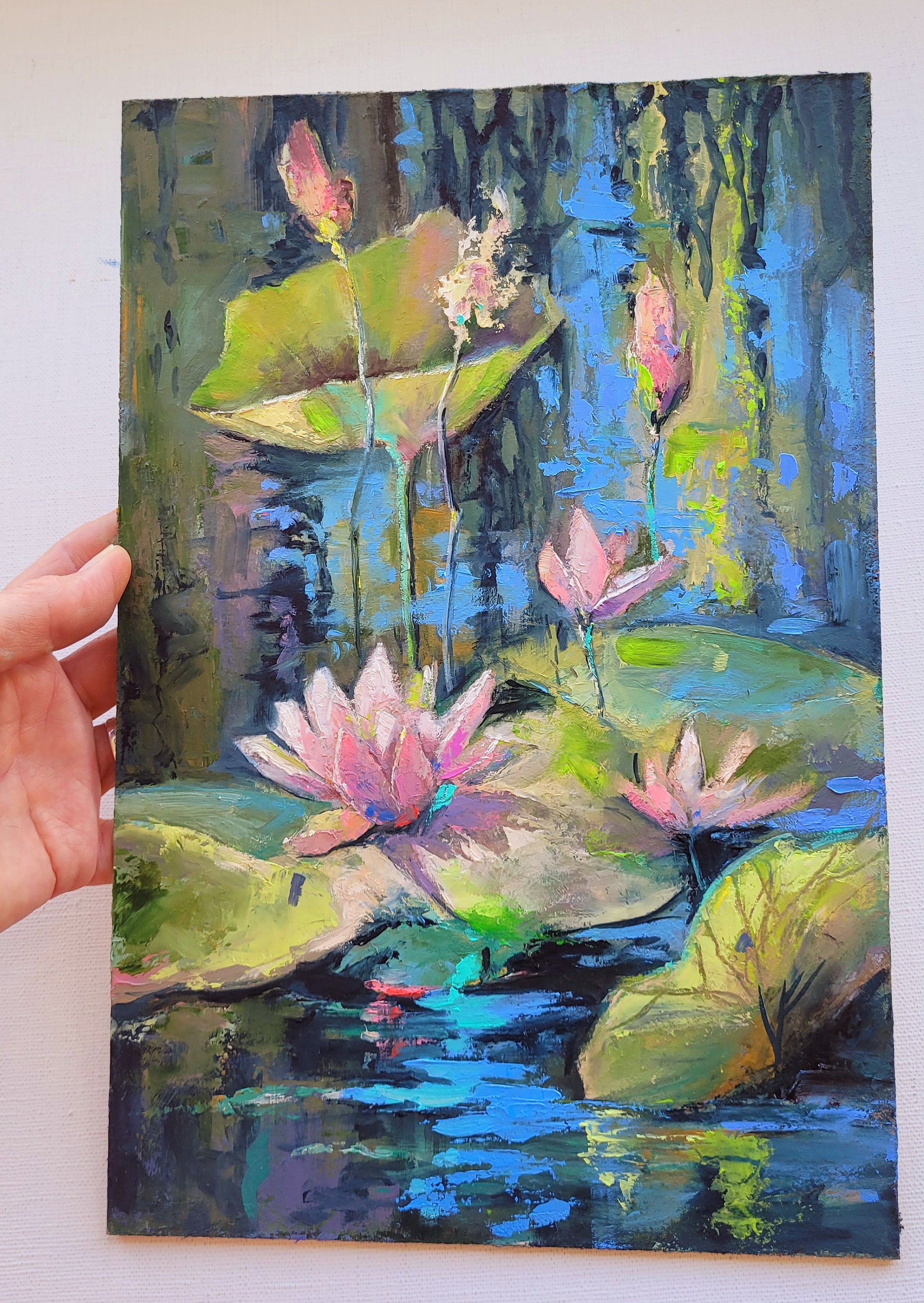 蓮の池の絵画：オリジナルの睡蓮の油絵、モネスタイル（8x12） - Etsy 日本