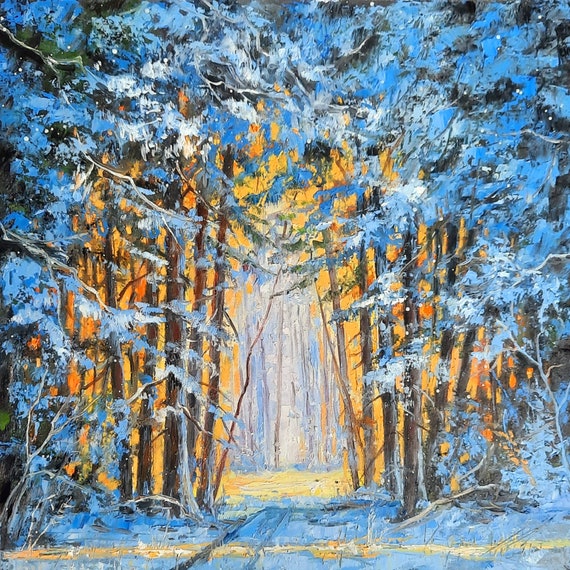 Winter Painting Snow Forest Original Art Winter Landscape - Etsy