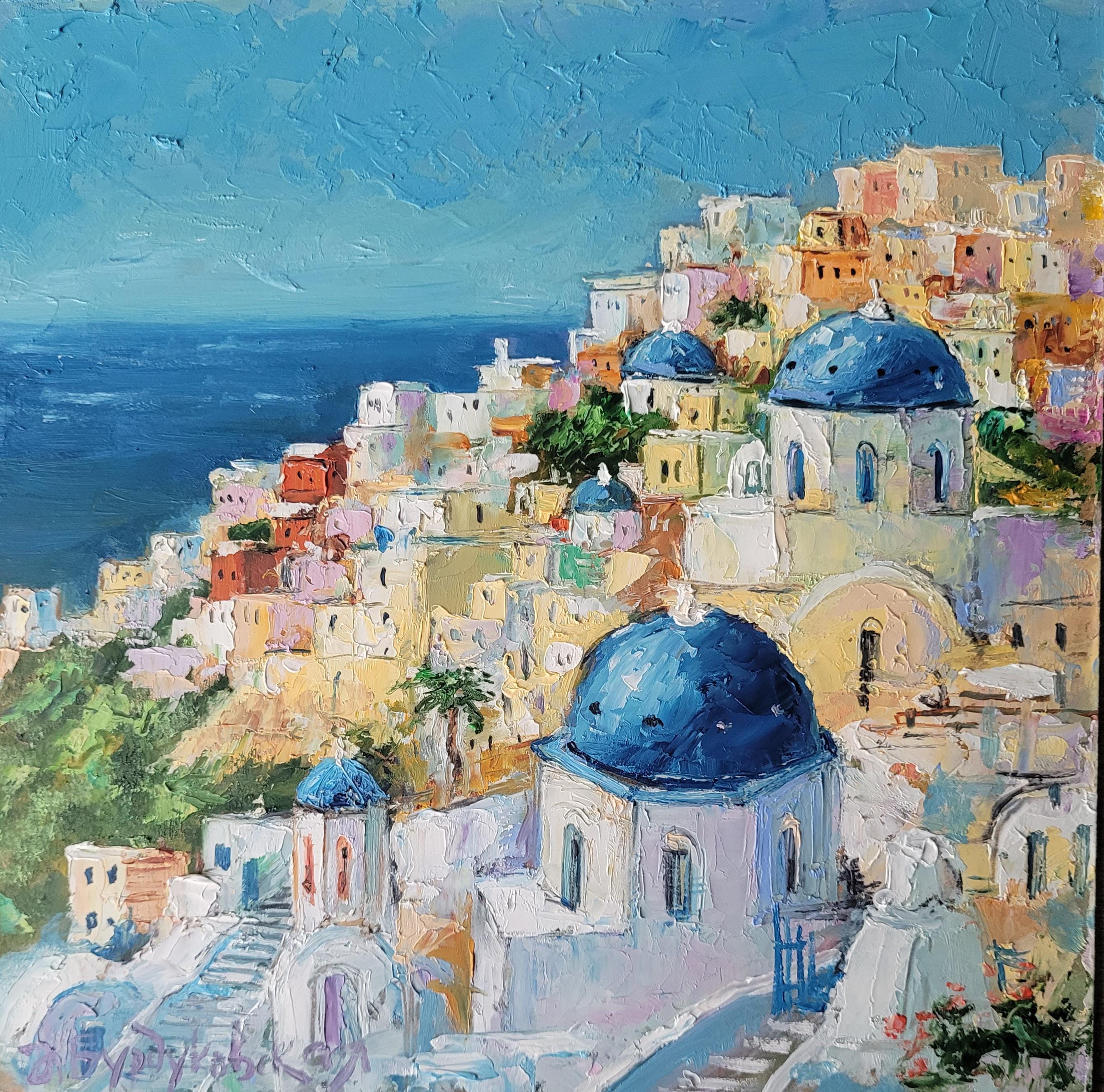 油絵「　サントリーニ島　」原画　額付 絵画 風景画(街並み) ギリシャ サントリーニ島 インテリアアート額付き