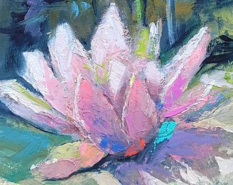 蓮の池の絵画：オリジナルの睡蓮の油絵、モネスタイル（8x12） - Etsy 日本