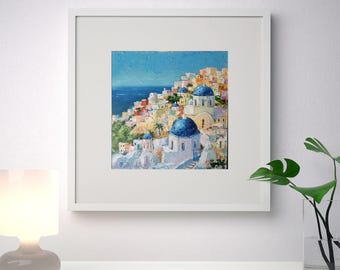 サントリーニ島の油絵 ギリシャ オリジナルアート 海景 壁アート ミニ