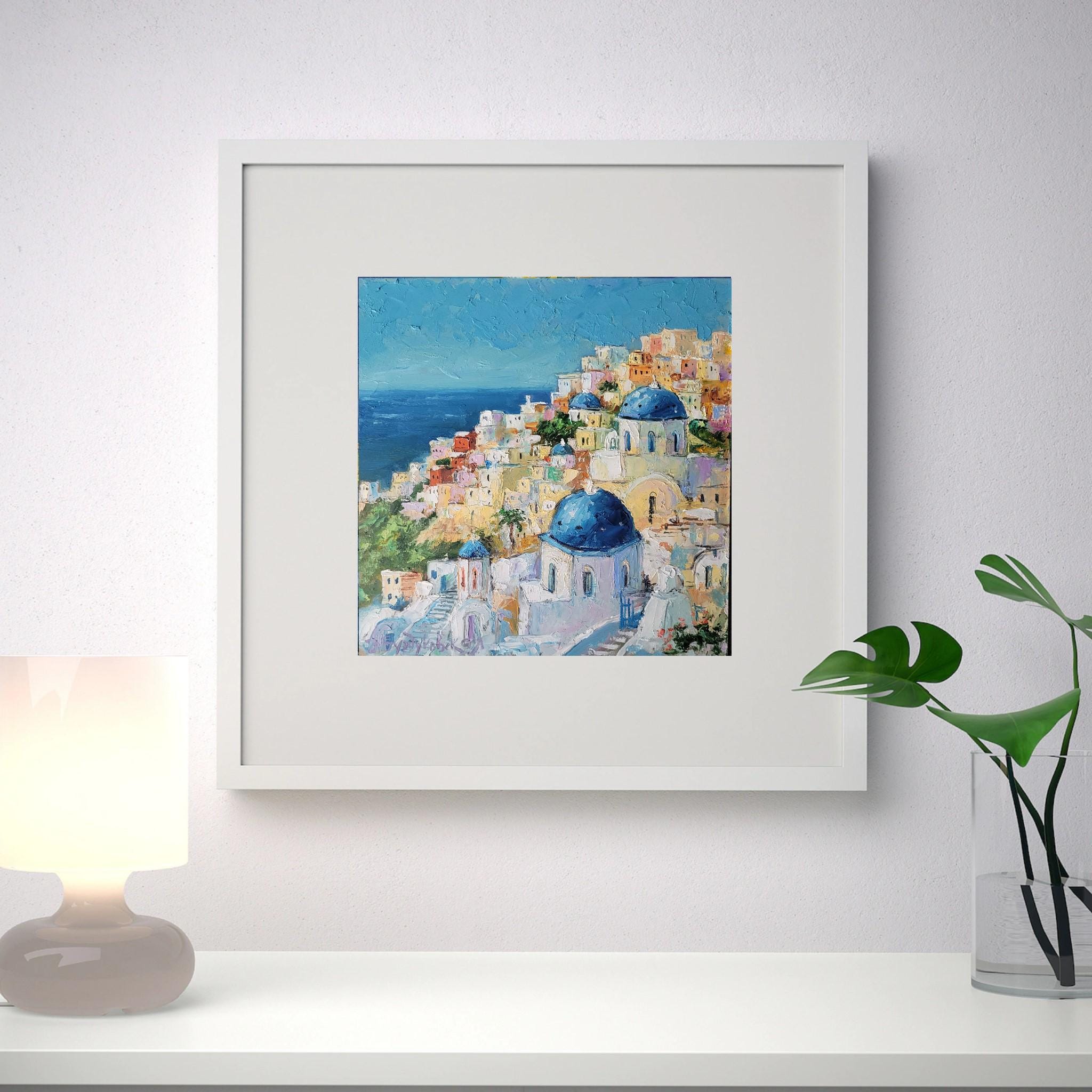 サントリーニ島の油絵 ギリシャ オリジナルアート 海景 壁アート ミニ