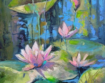 蓮の池の絵画：オリジナルの睡蓮の油絵、モネスタイル（8x12） - Etsy 日本