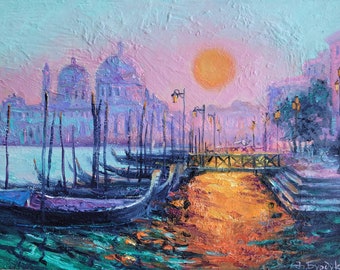 Venice oil painting impasto Italy original art sunset artwork landscape wall art 8x12 in