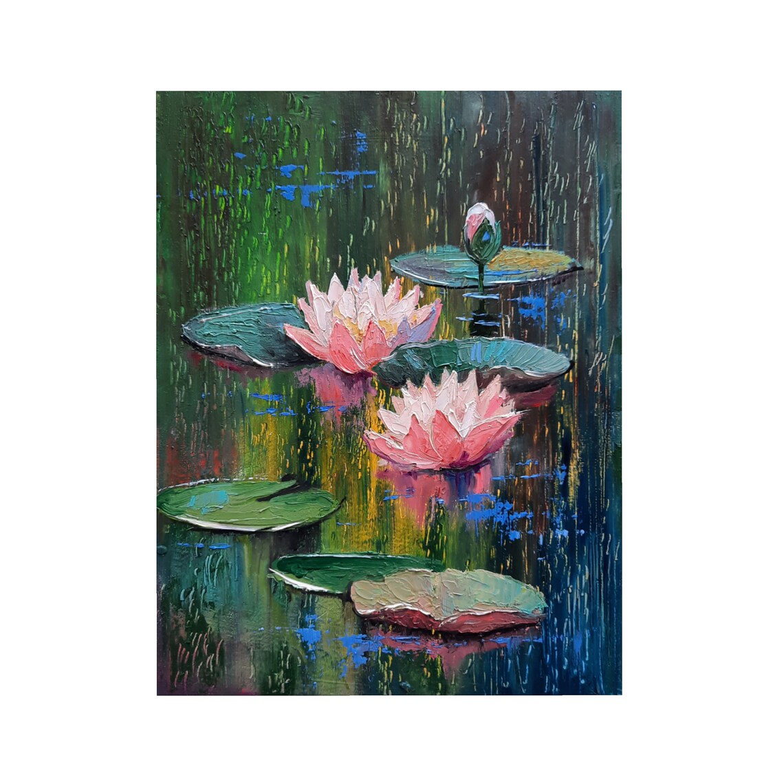 Lotus Pond Painting Water Lily Original Art Flower Lilies Wall Etsy