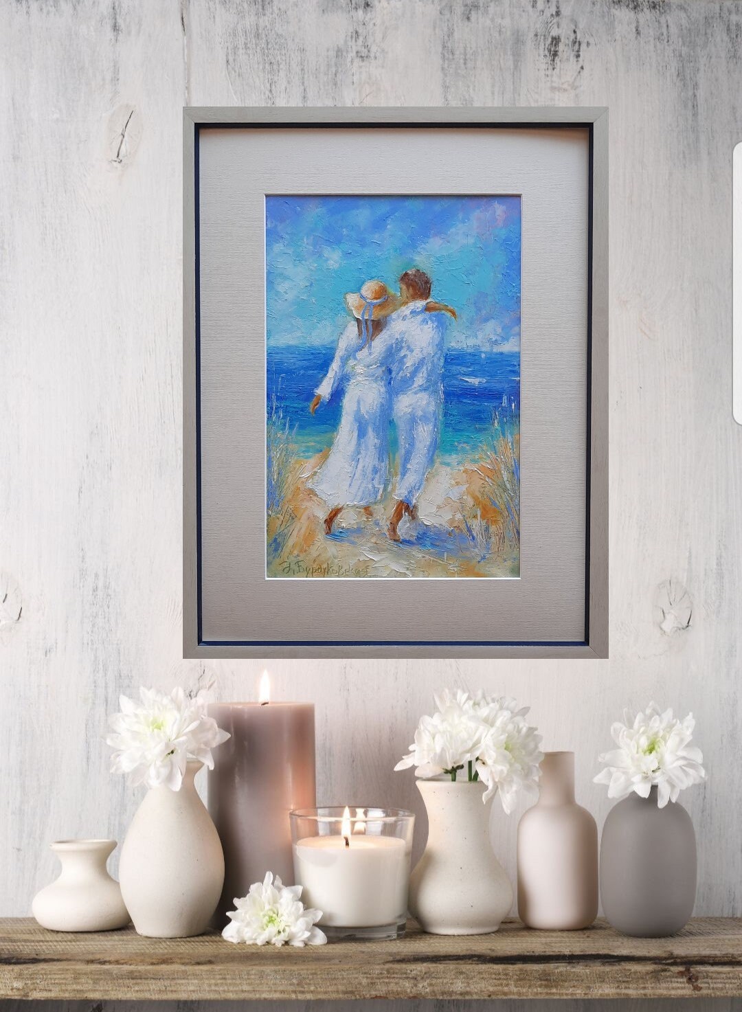 カップルの油絵 恋人たちのオリジナルアート 海景壁アート 海岸アート