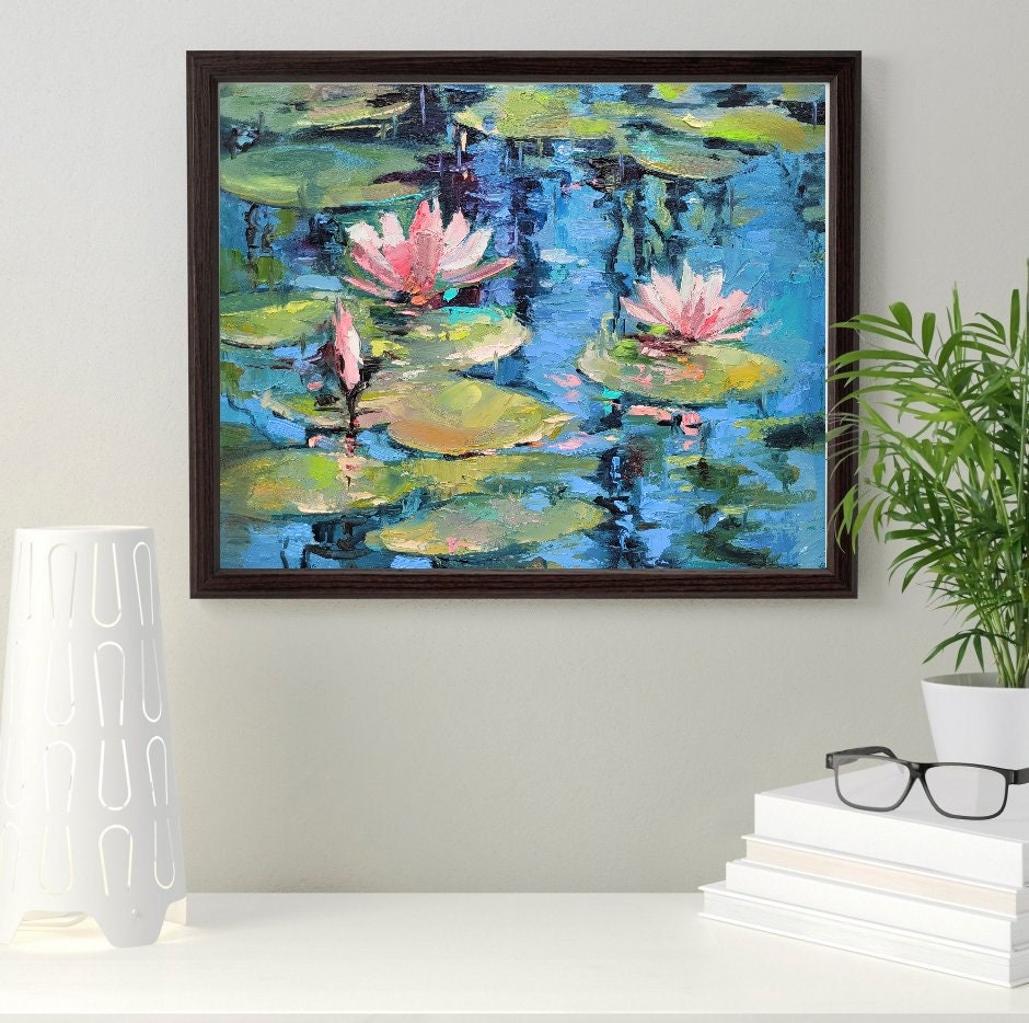 睡蓮の油絵：モネの池の絵、花の壁飾り（8x12） - Etsy 日本