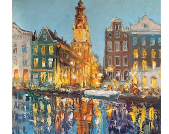 Dipinto ad olio di Amsterdam, arte urbana olandese originale, paesaggio, arte murale di NatalyArtUa