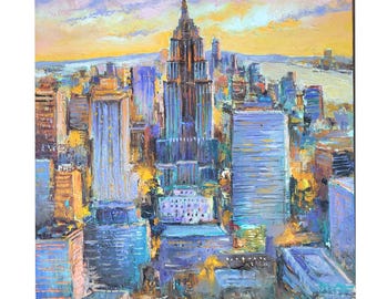 ニューヨークの街並みを描いた油絵（オリジナル）：インパストによる夜