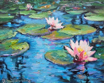Water Lily Painting Lotus Original Art Monet Wall Art Small Flower Artwork  Pond Painting 8 x 10 by NatalyArtUa