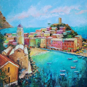 Cinque Terre painting Canvas Vernazza Original Art Italy Landscape Wall Art Seascape Artwork Travel Gift Art
