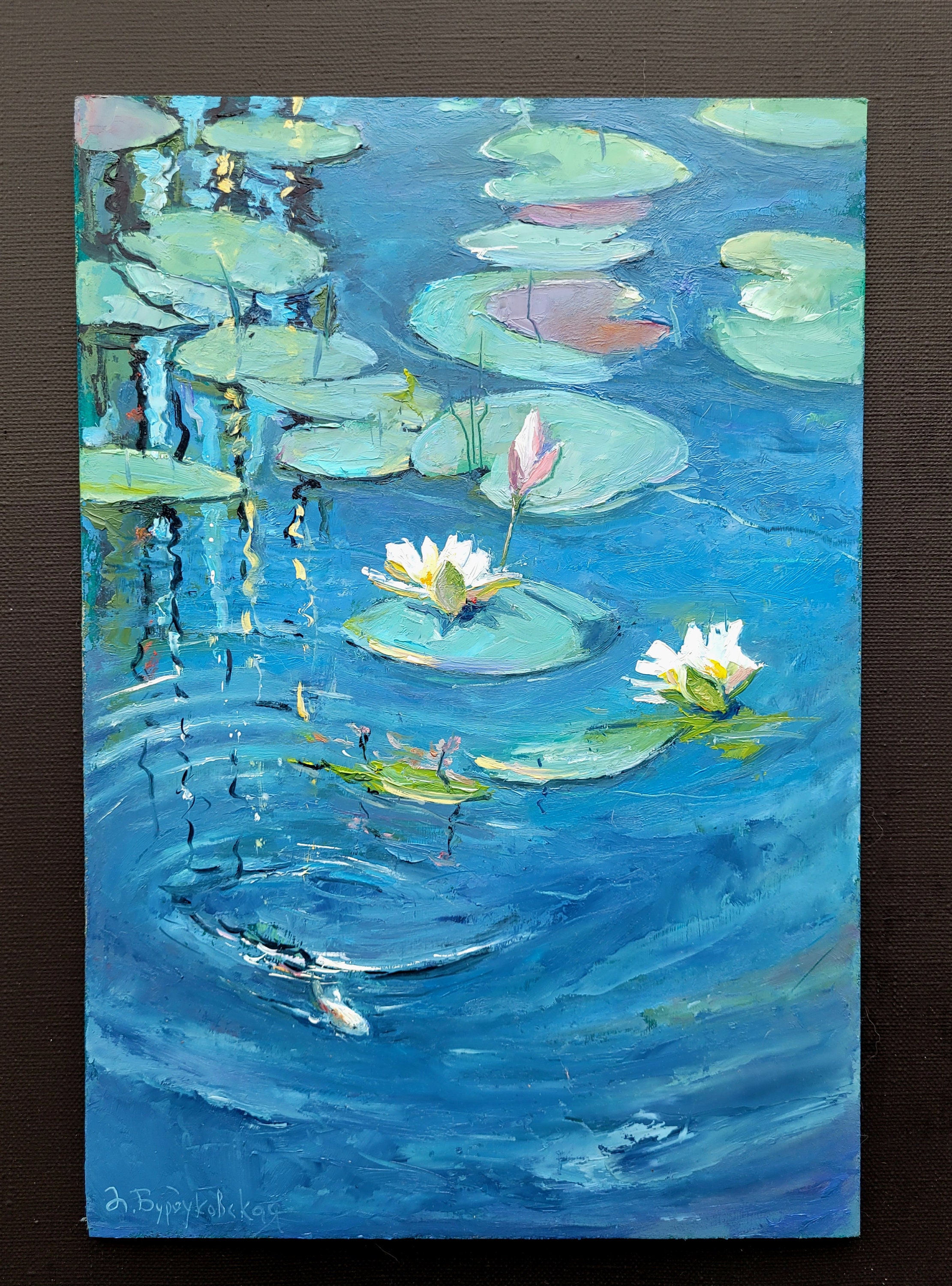 オリジナルの睡蓮の池の油絵：鯉と蓮、8x12インチ - Etsy 日本