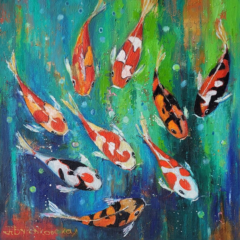 Japanese Painting Koi Fish Original Art Canvas Gold Fish Etsy
