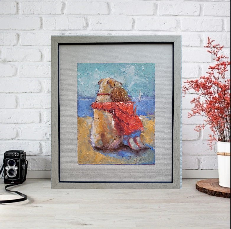 子供と犬の絵画：オリジナルの具象芸術、6x8のミニ油絵 - Etsy 日本