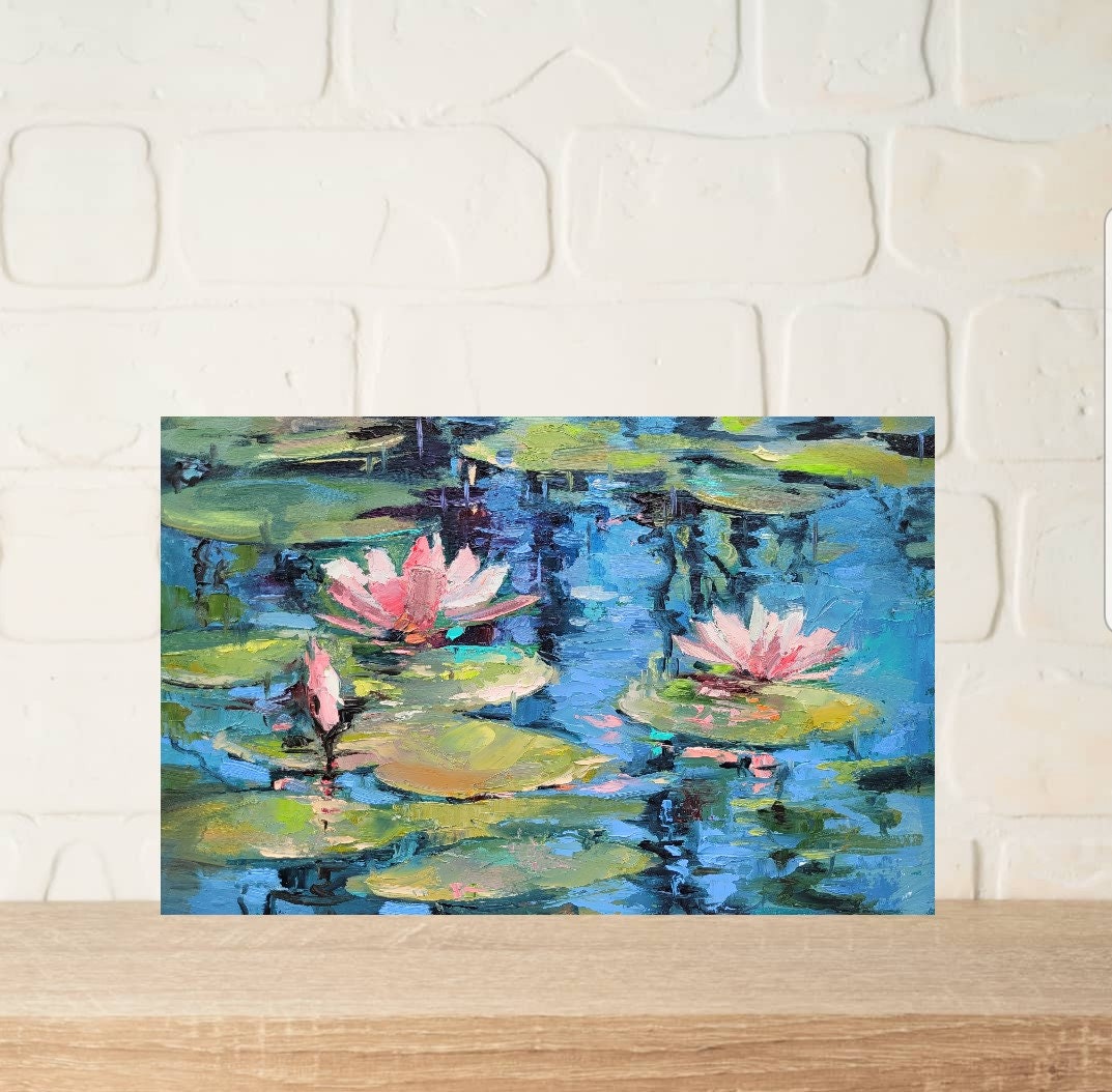 睡蓮の油絵：モネの池の絵、花の壁飾り（8x12） - Etsy 日本