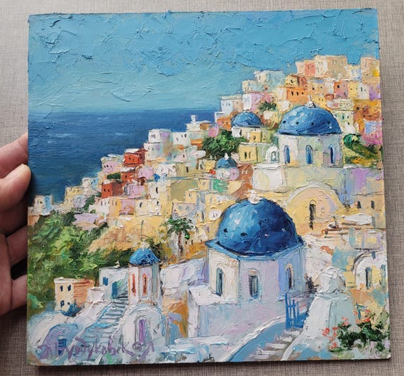 油彩 サントリニ島　約63x53cm サントリーニ島の海景油絵：ギリシャの島の芸術、青い海（14-18分