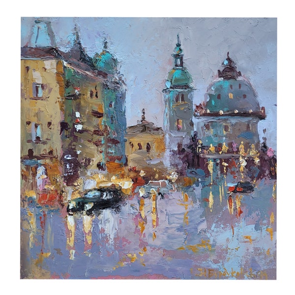 Peinture à l'huile de ville Lviv art original paysage urbain art mural coucher de soleil oeuvre d'art 20 x 20 cm