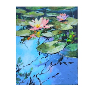 Water Lilies Oil Painting Lily Original Art Monet Wall Decor Lotus Artwok Small Pond Painting