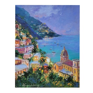 Italy Amalfi Painting Coast Original Art Positano Wall Art Small Boat Artwork 8 x 10 by NatalyArtUa