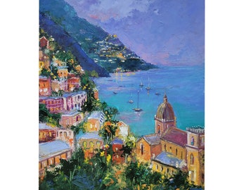 Italy Amalfi Painting Coast Original Art Seascape Wall Art Small Boat Artwork 8 x 10 by NatalyArtUa