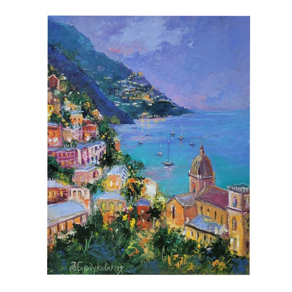 Italie Amalfi, peinture originale de la côte, art mural paysage marin, oeuvre d'art petit bateau 8 x 10 par NatalyArtUa