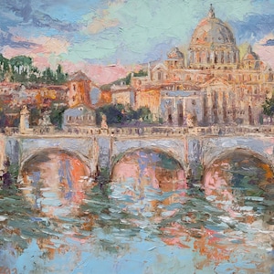 St. Angelo Bridge in Rome painting Italy landscape original art city wall art 8x10 in