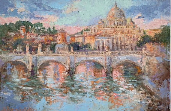 St. Angelo Bridge, Rome: Original Oil Painting, Italian Cityscape (8x10)