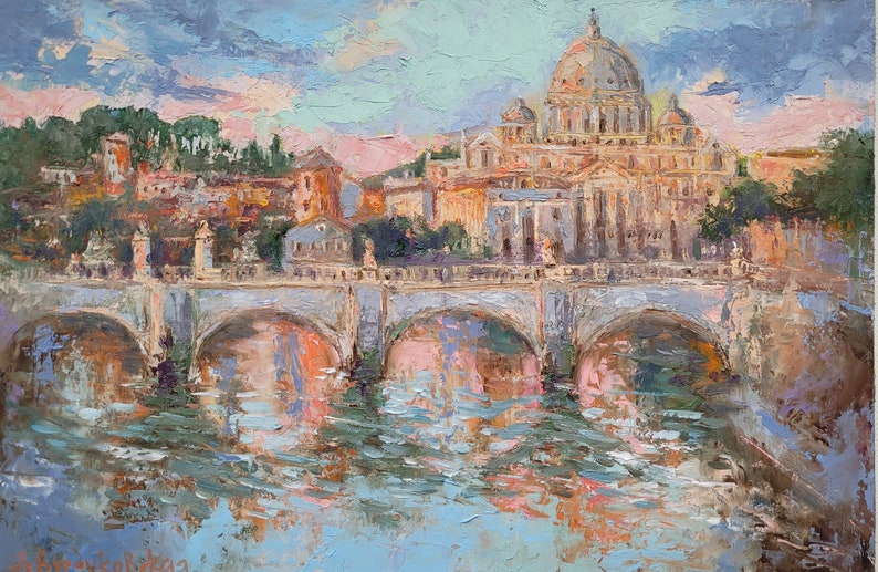 May include: Oil painting of a cityscape featuring a bridge over water, with a large domed building in the background. The artwork uses a palette of blues, pinks, and oranges, with visible brushstrokes. The painting captures a sense of light and reflection.
