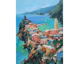 Vernazza Cinque Terre Italy Painting Coast Original Art  Travel Wall Art Cityscape Artwork 8 x 12 by NatalyArtUa