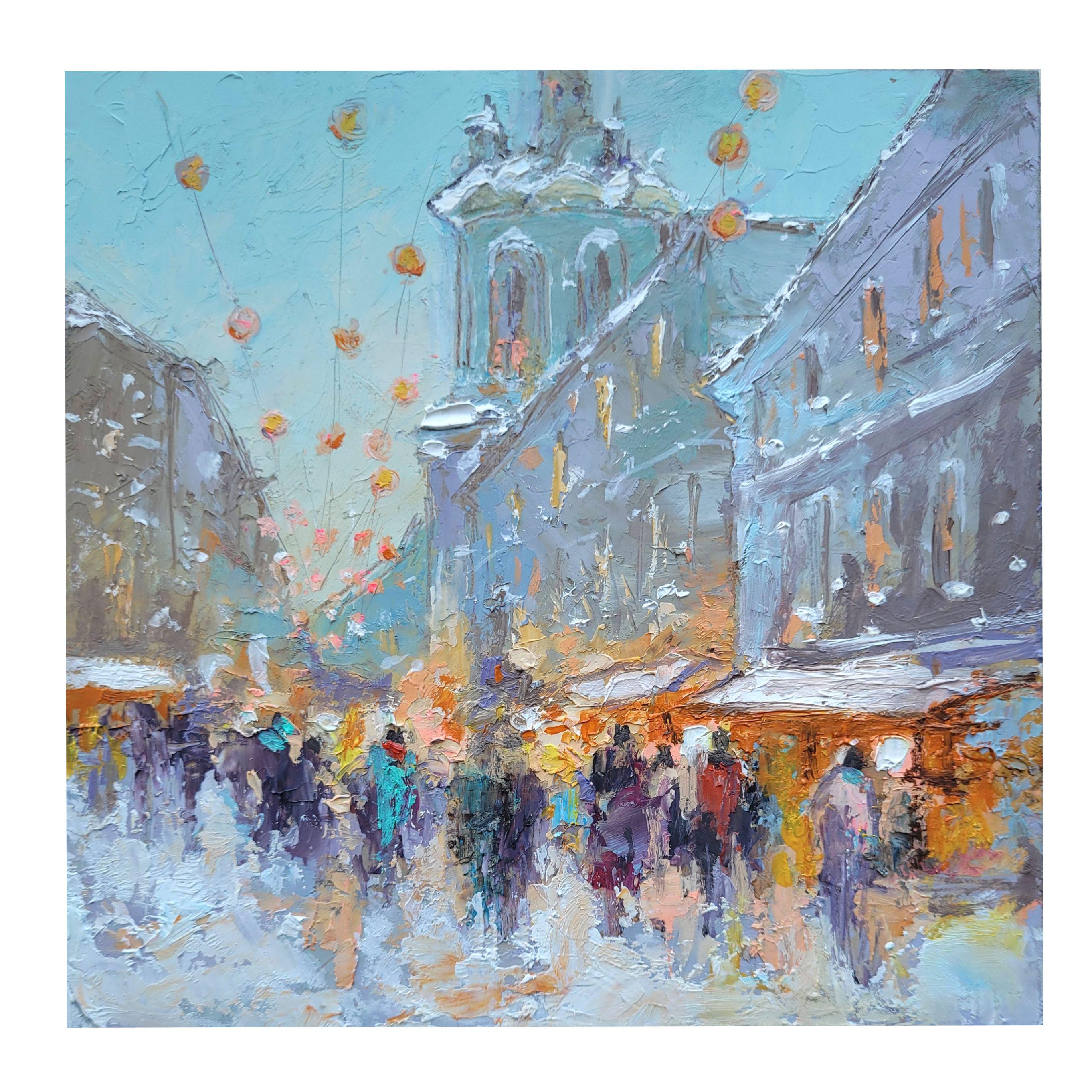 クリスマス油絵ミニ冬の都市景観オリジナルアート6 x 6インチ - Etsy 日本