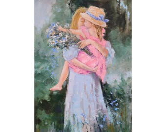 Canvas portrait painting mother and daughter original art flower wall art 12x16 in