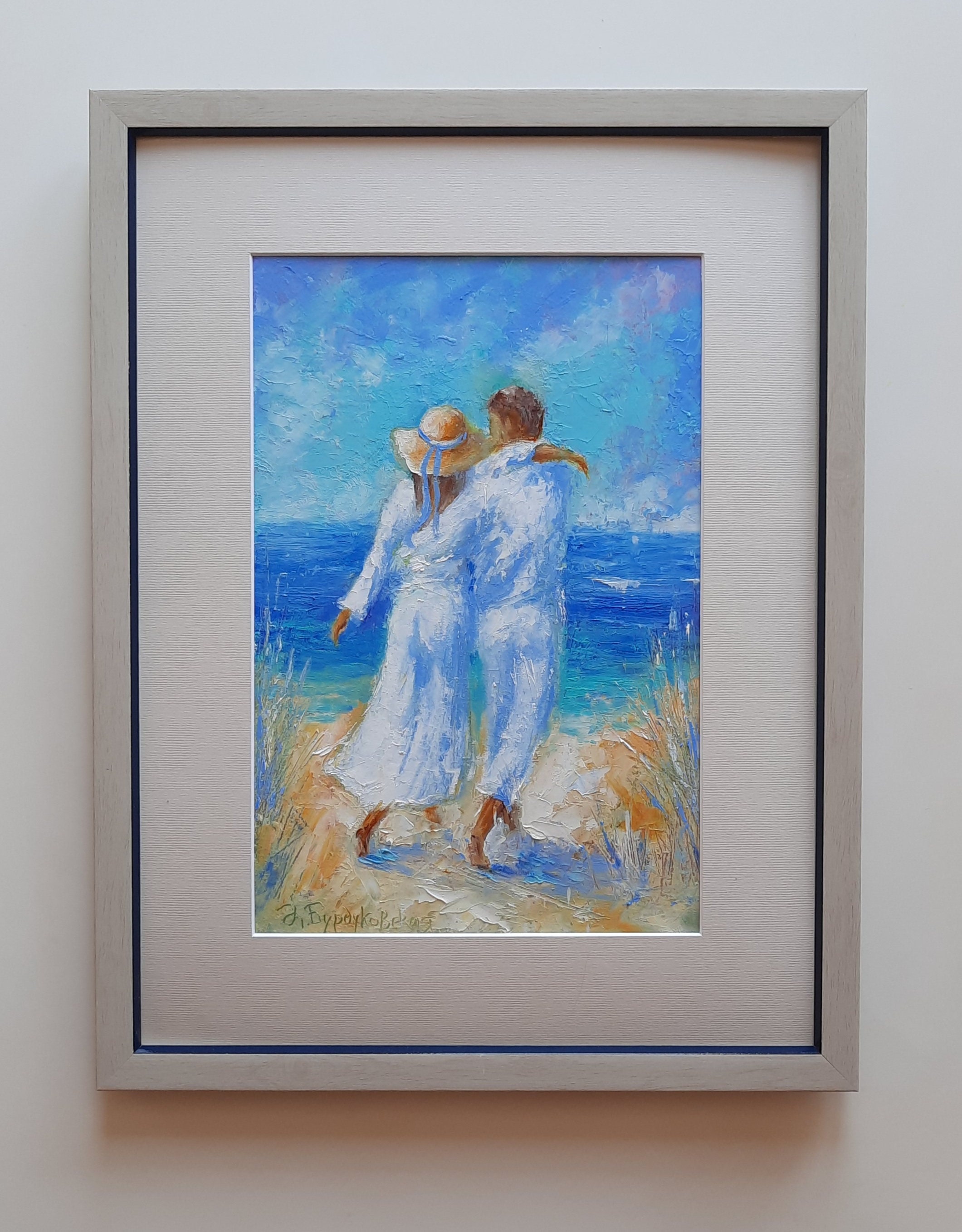 カップルの油絵 恋人たちのオリジナルアート 海景壁アート 海岸アート