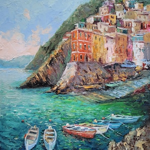 Riomaggiore Italy Oil Painting Coastal Original Art Landscape Wall Art Amalfi Artwork