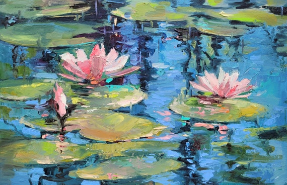 睡蓮の油絵：モネの池のアート、花の壁飾り（8x12）NatalyArtUa作