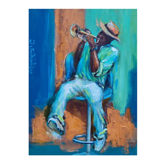 Jazz Musician Painting Trumpeter Original Art Music Wall Art Small