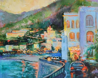 Amalfi Coastline Painting Italy Landscape Original Art Cityscape Wall Artwork