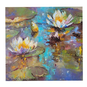 Water Lily Flower Oil Painting Monet Original Art Pond Wall Art Lotus Artwork 8 x 8 in