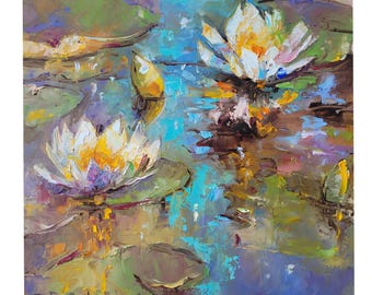 Water Lily Flower Oil Painting Monet Original Art Pond Wall Art Lotus Artwork 8 x 8 in
