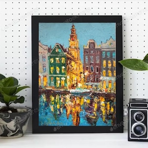 City Amsterdam Oil Painting Dutch Urban Original Art Landscape Wall Art Night Cityscape Artwork