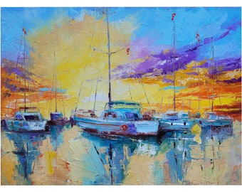 Yachts painting fishing boat original art seascape wall art sunset canvas impasto artwork