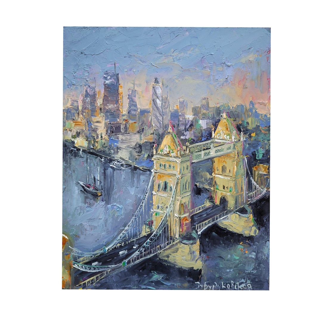 ロンドン市街の油絵タワーブリッジオリジナルアート風景壁アート都市