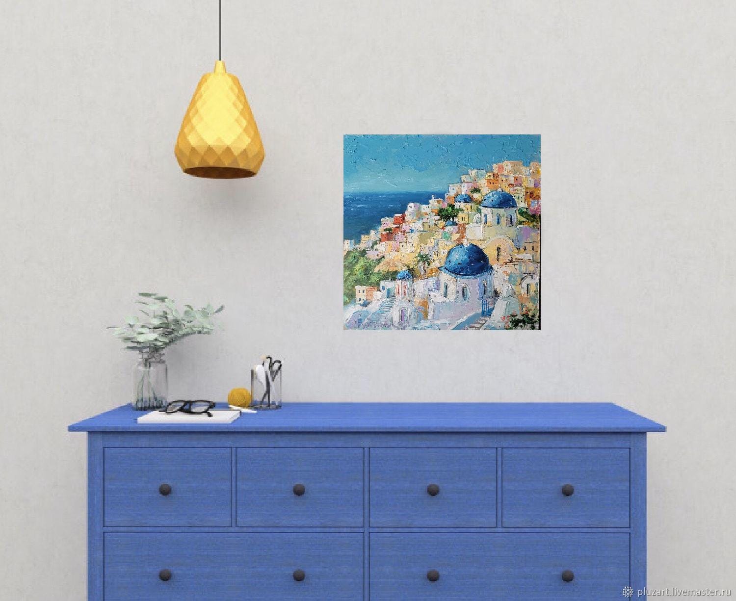 サントリーニ島の油絵 ギリシャ オリジナルアート 海景 壁アート ミニ
