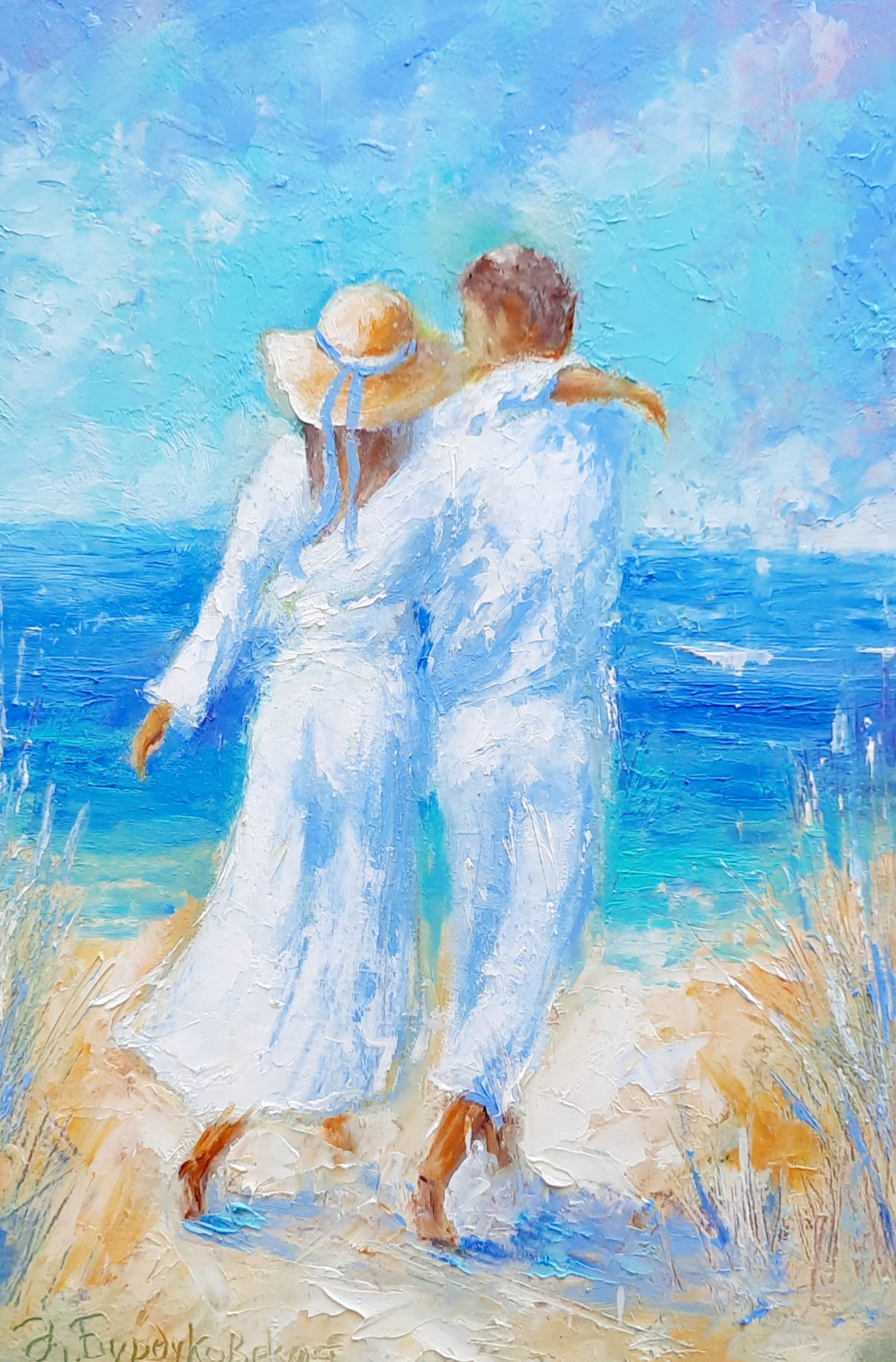 カップルの油絵 恋人たちのオリジナルアート 海景 ウォール