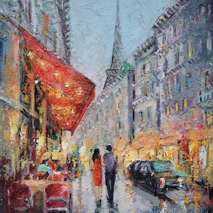 Paris, peinture à l&#39;huile, art original, tour Eiffel, art mural, art urbain, café