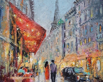 Paris Oil Painting France Original Art Eiffel Tower Wall Art Cafe Urban Artwork