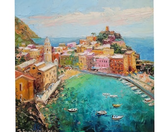 Schilderij Vernazza Cinque Terre: originele Italiaanse zeegezichtkunst, 10 x 10 inch