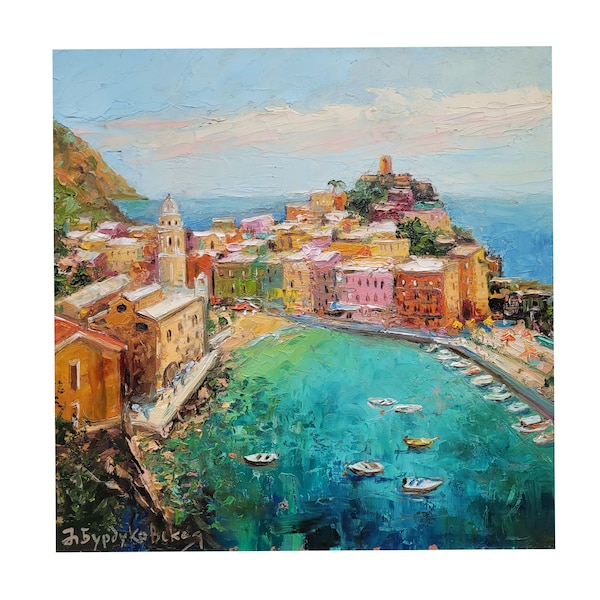 Vernazza Cinque Terre iItaly peinture art original de la côte voyage art mural paysage urbain oeuvre 10 x 10 par NatalyArtUa