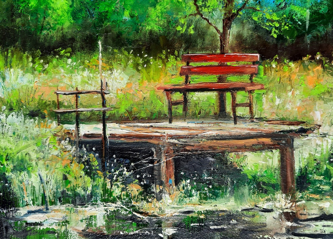 Teich Gemälde Landschaft Original Kunst Bäume Kunstwerk Etsy