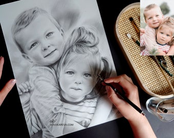 Portrait child portrait from photo portrait drawing art original art photo pencil drawing family portrait 1-3 people DIN A3 gift for grandma