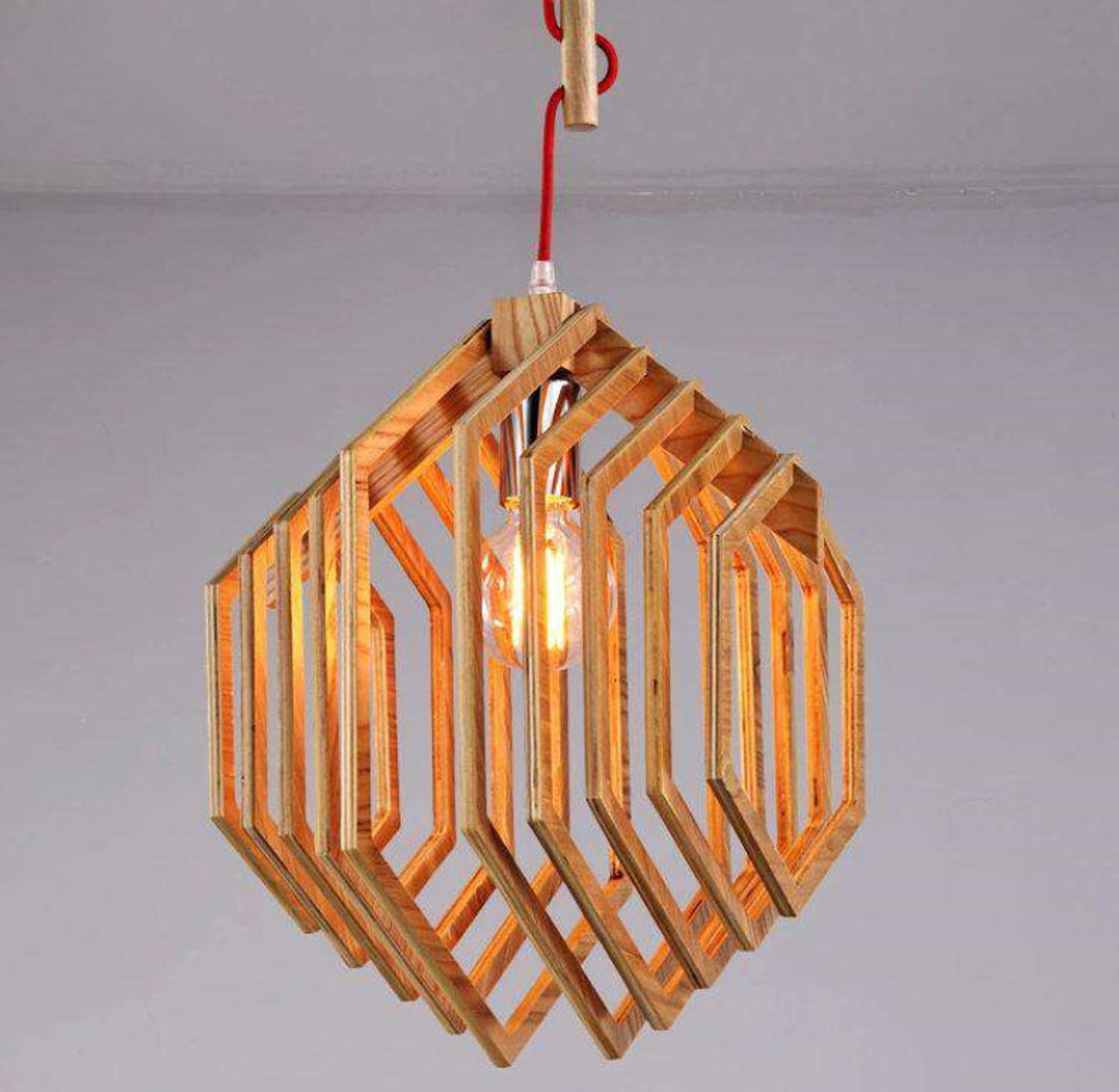 Hexagon 3D Wooden Light Ceiling Light Wood Ceiling Light Etsy